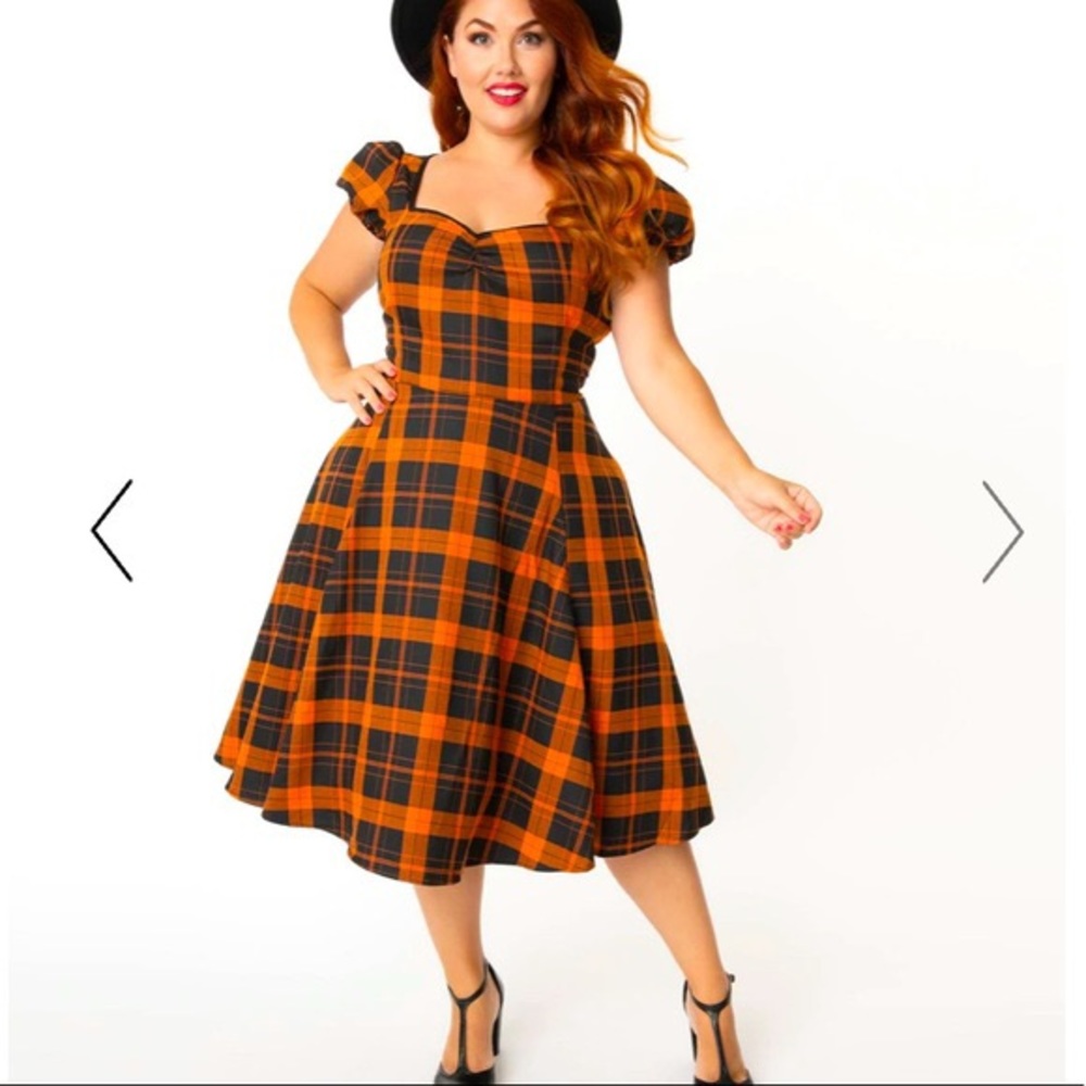 Collectif Orange and Black Pumpkin Plaid Swing Dress